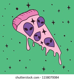 Hand Drawn color Doodle pizza space with UFO card. Illustrations Drawing Vector Sketch for textile, print, postcard, text, invitation, poster, background, book,