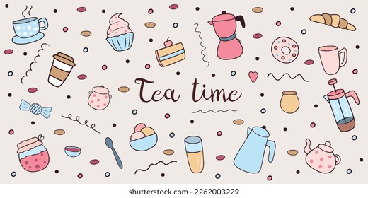 El doodle de color dibujado a mano fija la hora del té. Ilustración vectorial con bebidas y postres diferentes. Plantilla de fondo para café, menú o hogar