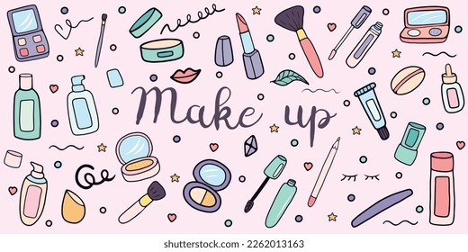 Hand drawn color doodle set of beauty products, cute makeup banner. Vector pattern with makeup items. Background for cosmetic shop, beauty salon