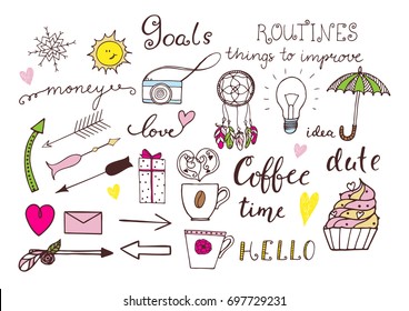 Hand drawn color doodle set for notebook or bullet journal isolated on white background. Vector illustration.