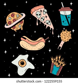 Hand Drawn color Doodle space food with UFO card. Illustrations Drawing Vector Sketch for textile, print, postcard, text, invitation, poster, background