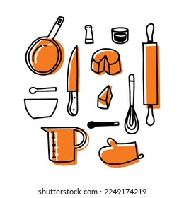 hand drawn color elements set of kitchen utensils. Kitchen utensils illustrated in hand drawing technique
 