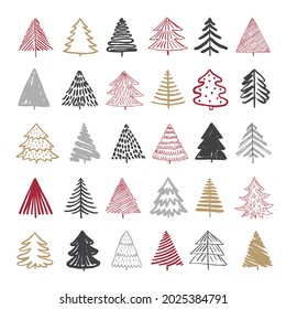 Elementos de color dibujados a mano para el diseño de navidad. Juego de garabatos con árbol de navidad. Vacaciones de invierno aisladas.
