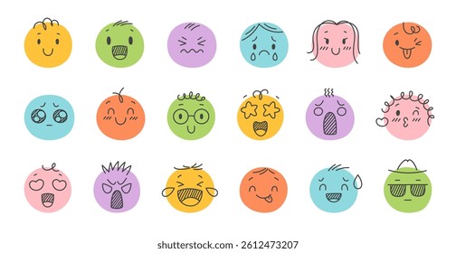 Hand drawn color emoji. Sketchy doodle faces with different emotions, mood expressions, funny smiling, sad stylized heads, social media avatar, stickers collection, classy vector isolated cartoon set
