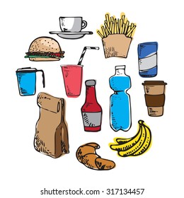 Hand drawn color fast food. Doodle sketches.