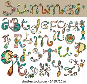 hand drawn color floral Alphabet, illustration, vector
