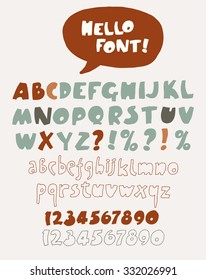 Hand drawn color font and numbers. Vector illustration.