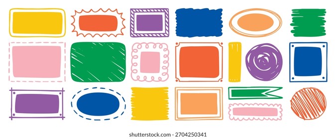 Plantilla de borde de conjunto de doodle de marco de color dibujado a mano. Ilustración vectorial