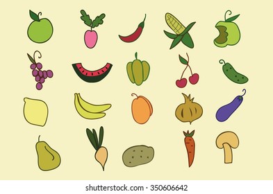 Hand Drawn color fruit and vegetable set. Set of various colorful hand draw vegetables and fruits. Doodle fruits and vegetables. Vegetables and fruits flat icons set.