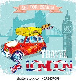 hand drawn , color pencÂ�il funny red car, travel to London.vector illustration 