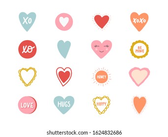 Hand drawn color heart labels, tags isolated on white background. Handmade heart icons with lettering for valentines, wedding, birthday. Romantic design elements. Vector illustration.