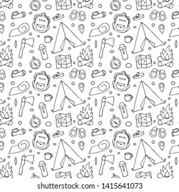 Hand drawn color hiking pattern. Cartoon sketch vector background of camping.