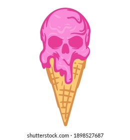 Hand drawn color ice cream with skull head isolated on white background. Design concept for tattoo, print, cover. Vector illustration.