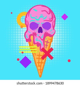 Hand drawn color ice cream with skull head isolated on blue background in modern pop art style. Design concept for tattoo, print, cover. Vector illustration.