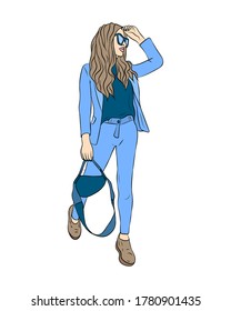 Hand drawn color illustration of a girl in fashion clothes. Vector illustration.