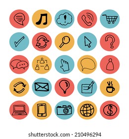 Hand drawn color illustration set of social media sign and symbol doodles elements. Isolated on white background