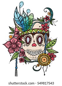 Hand drawn color illustration skull in flowers and feathers. Print for T-shirts