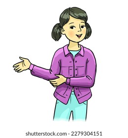 Hand drawn color illustration. A teenage girl points to something with both hands. Inviting gesture.