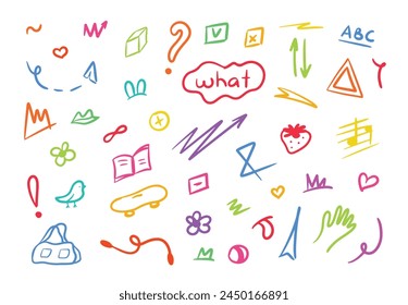 Hand drawn color kid icon sketch. Doodle cute elements flower, heart, letter, arrow, line, cloud. Childish element set. Vector illustration isolated on white background.