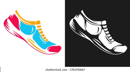 Hand drawn color and monochrome silhouette running shoes. Stylized vector illustration of sneaker. Minimalistic vintage design template element for print, label, badge or other symbol.