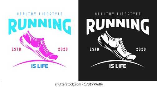 Hand drawn color and monochrome silhouette running shoes. Stylized vector illustration of sneaker. Minimalistic vintage design template element for print, label, badge or other symbol.