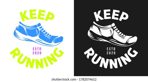 Hand drawn color and monochrome silhouette running shoes. Stylized vector illustration of sneaker. Minimalistic vintage design template element for print, label, badge or other symbol.