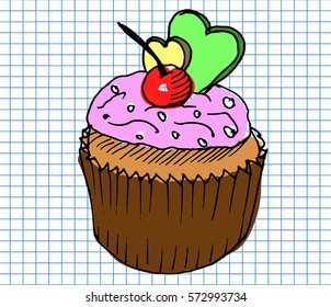 Hand drawn color muffin on copybook background. Vector illustration.
