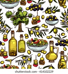 Hand Drawn Color Olive Oil Seamless Pattern With Sketch Olive Tree, Olive Branches And Olive Bottles