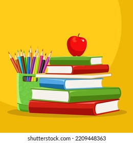 Hand Drawn Color pencil case with multicolored pencil, Pile of books and Red apple vector illustration