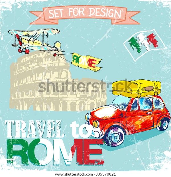 hand drawn , color pencil funny red car,\
background trip to Rome.vector\
illustration