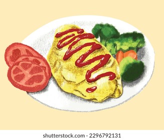 Lápiz de color dibujado a mano ilustra el arroz tortilla, un alimento japonés aislado.