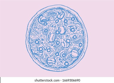 Hand - drawn color pizza on pink background,vector