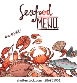 Hand Drawn Color Seafood Menu With Lettering On White Background