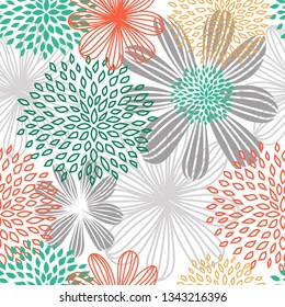 Hand drawn color seamless pattern. Scandinavian style floral texture. Abstract flowers, buds, leaves background. Wrapping paper, textile, background fill.