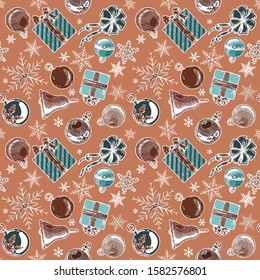 Hand drawn color seamless pattern with Christmas elements. Xmas and winter holidays. Vector illustration in ink hand drawn style. 