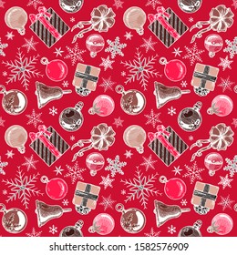 Hand drawn color seamless pattern with Christmas elements. Xmas and winter holidays. Vector illustration in ink hand drawn style. 