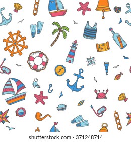 Hand drawn color seamless pattern with nautical elements. Nautical icons. Marine symbols. Vector illustration