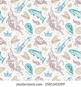 Hand drawn color seamless vector pattern of seafood. Octopus, shrimp, salmon, oysters, mussels, squid, crab, lemon, rosemary. Seafood for poster, decoration of fabrics, packaging, menu product market.