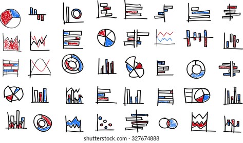 hand drawn color set of chart icons. Infographic Elements Collection in doodle design style for presentation