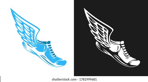 Hand drawn color silhouette running shoes with wings isolated on white background. Stylized vector illustration. Minimalistic vintage design template element for print, label, badge or other symbol.