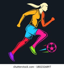 Hand drawn color silhouette running girl football player isolated on black background. Stylized vector illustration of athletics. Minimalistic vintage design template element for print, label, badge.