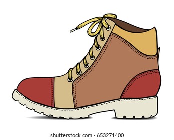 Hand drawn color sketch with army boots. Vector illustration isolated on white with shadow