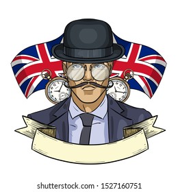 Hand drawn color sketch, british man with beard and mustaches and hat. Poster, flyer design