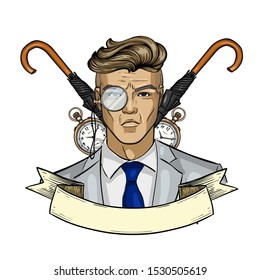 Hand drawn color sketch, british man with glasses. Poster, flyer design