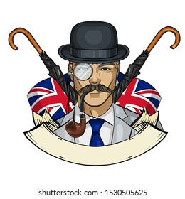 Hand drawn color sketch, british man with mustaches and hat. Poster, flyer design