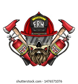 Hand drawn color sketch, fireman skull with helmet, glasses, beard and mustaches, fire extinguisher and axe. Poster, flyer design