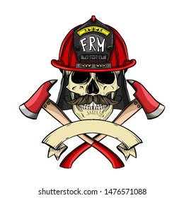 Hand drawn color sketch, fireman skull with helmet, mustaches and axe. Poster, flyer design