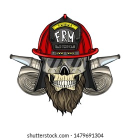 Hand drawn color sketch, fireman skull with helmet, beard, firehose and glasses. Poster, flyer design