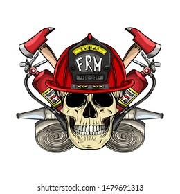 Hand drawn color sketch, fireman skull with helmet, fire extinguisher, axe and firehose. Poster, flyer design