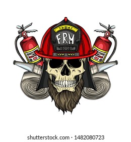 Hand drawn color sketch, fireman skull with helmet, beard, fire extinguisher and firehose. Poster, flyer design